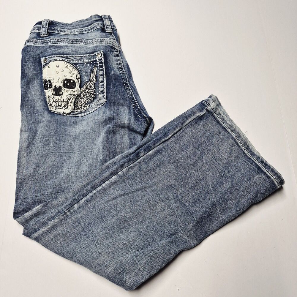 Telepatia Womens Jeans 15 Y2K Rhinestone Skull Wings Embellished Bootcut Euc